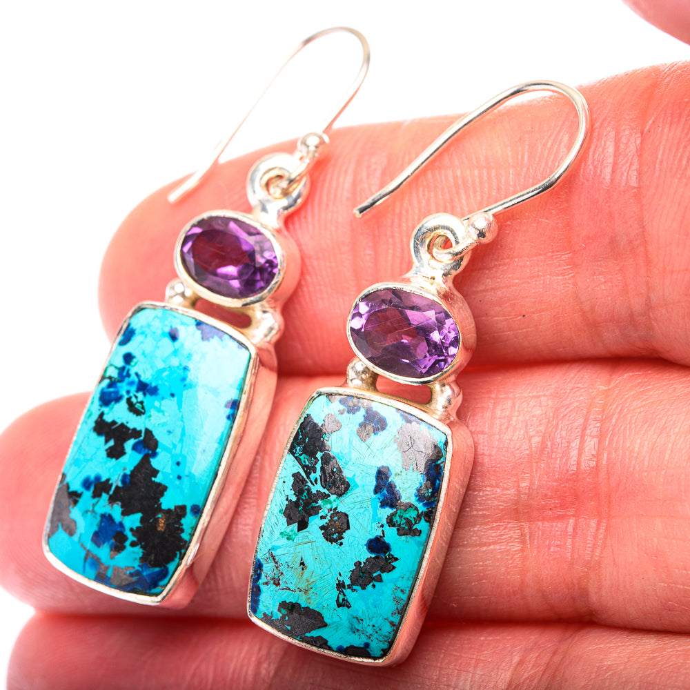 Sterling silver drop earrings with purple amethyst round tops and blue turquoise rectangles