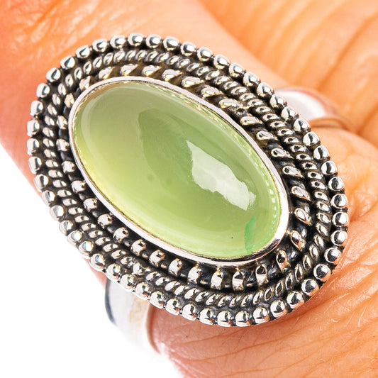 Green chalcedony ring with oval green stone bezel and beaded .925 sterling silver band