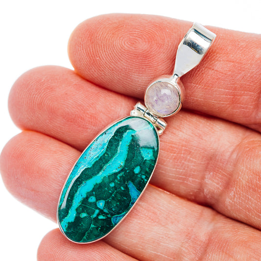 Sterling silver pendant with oval green chrysocolla/malachite stone and round moonstone cabochon