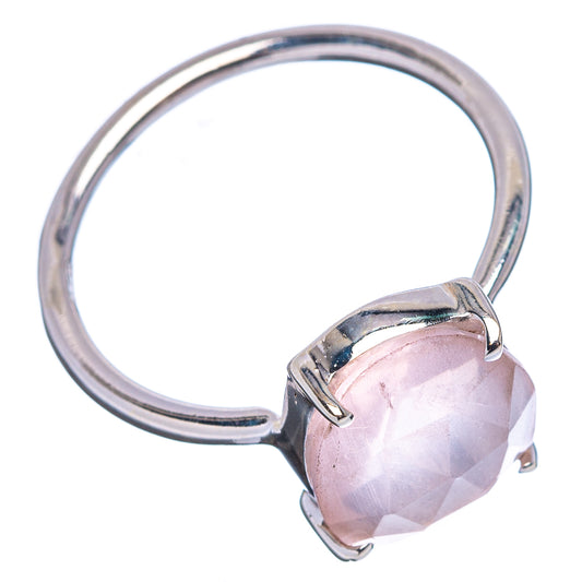 Faceted rose quartz ring with open band, sterling silver side view and gemstone prongs