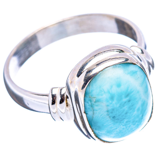 Oval turquoise-blue larimar ring in .925 sterling silver, size 8; raised bezel