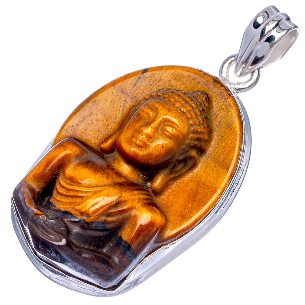 Tiger eye Buddha pendant with 925 sterling silver rim and bail, oval carved Buddha relief