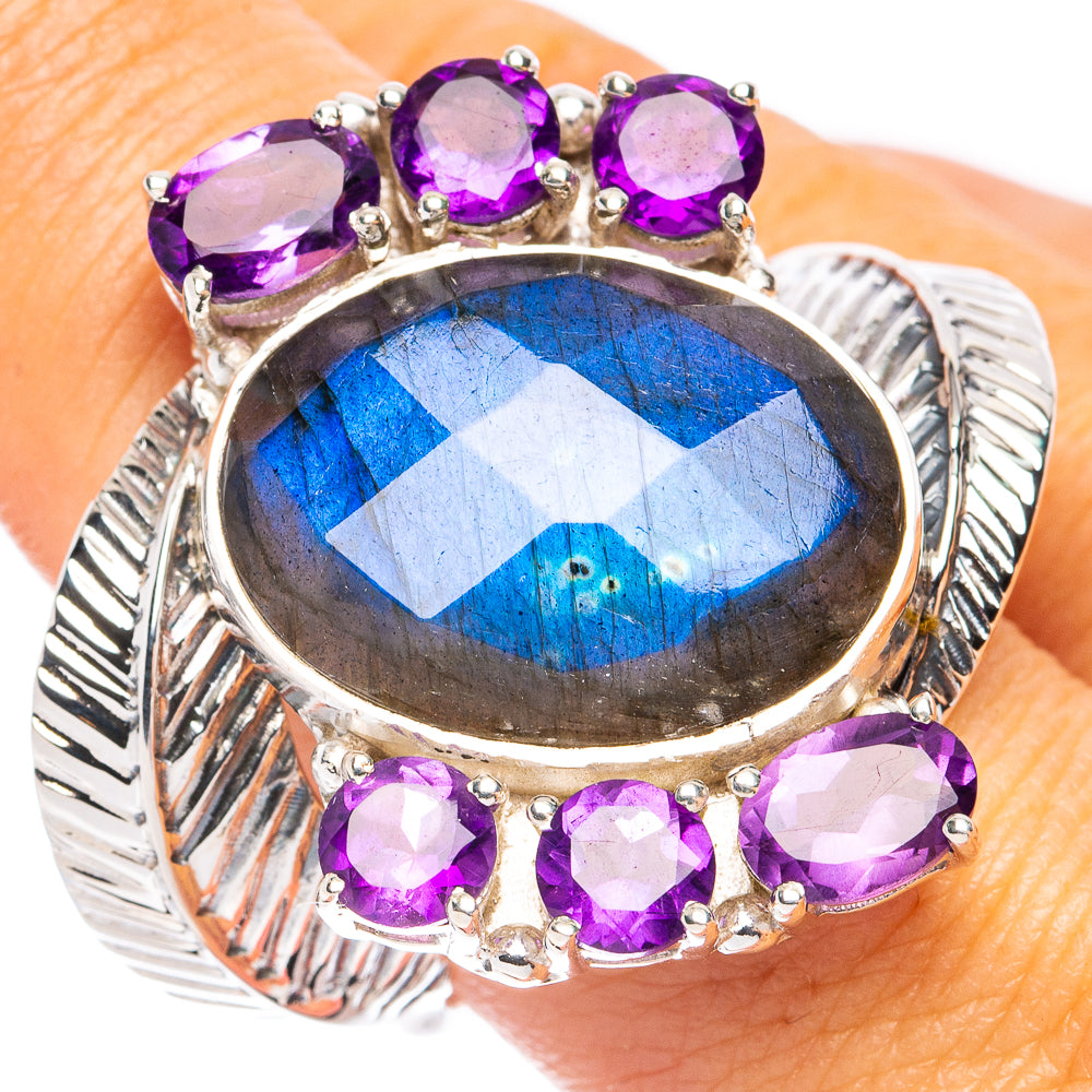 925 sterling silver ring with oval labradorite center and purple amethyst accents