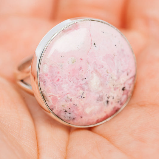 Rhodonite cabochon ring in .925 sterling silver, oval pink stone with band