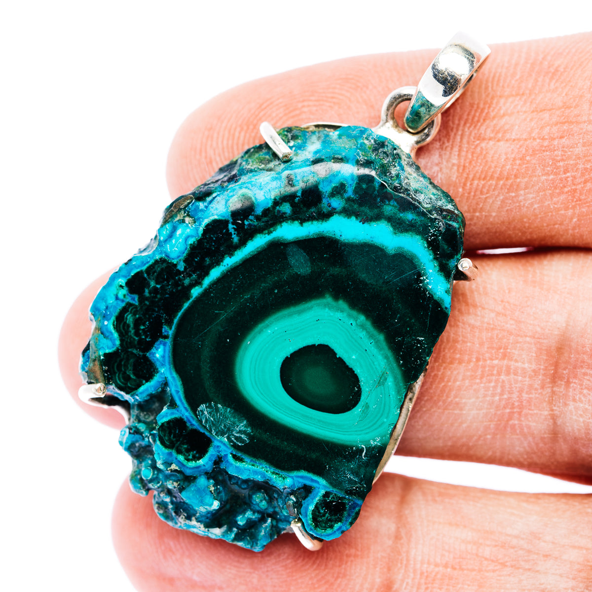 Turquoise and green malachite slice pendant with silver bail and circular gemstone pattern