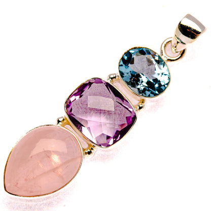 Rose Quartz, Amethyst, Blue Topaz Pendant 2" (925 Sterling Silver) PD37931