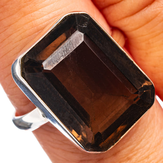 Smoky quartz ring with rectangular dark gemstone in 925 sterling silver bezel setting