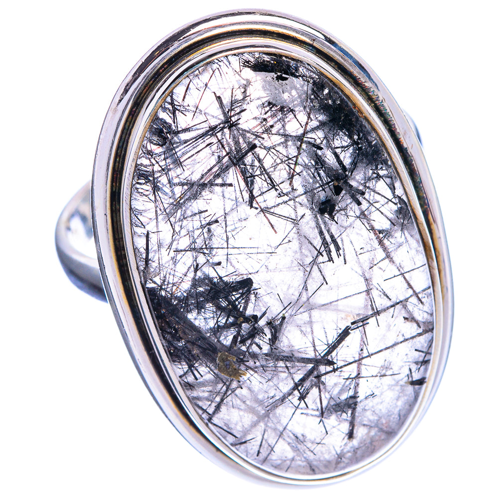 Sterling silver oval ring with light tourmalinated quartz cabochon and dark needles