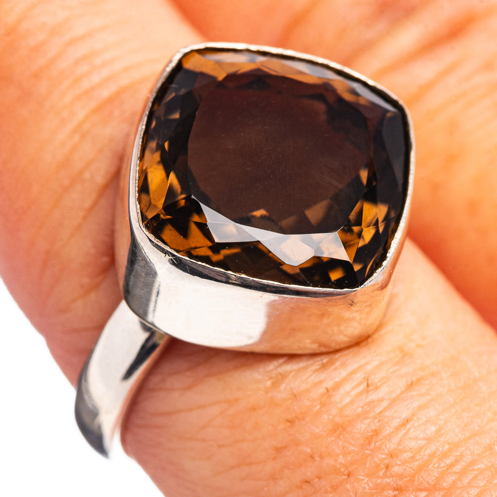 Sterling silver ring with large dark smoky quartz oval gemstone and polished band