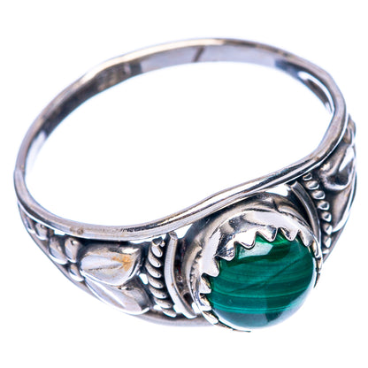 Sterling silver dainty ring with green oval malachite stone and carved side details