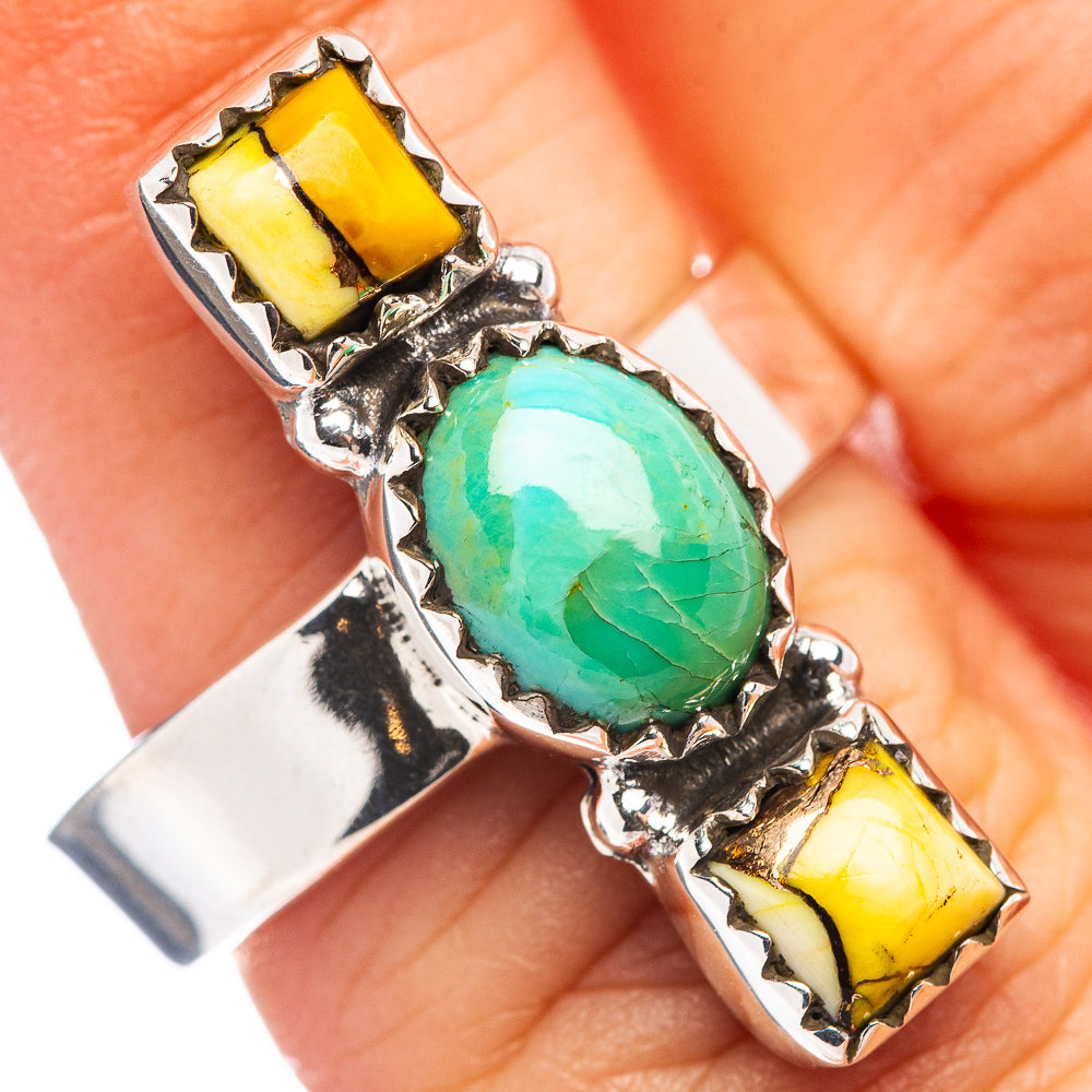 Turquoise oval center with yellow side stones on .925 sterling silver adjustable ring