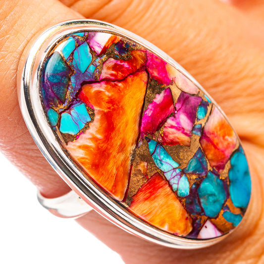 Sterling silver marbled inlay ring with turquoise and pink stone mosaic, oval setting