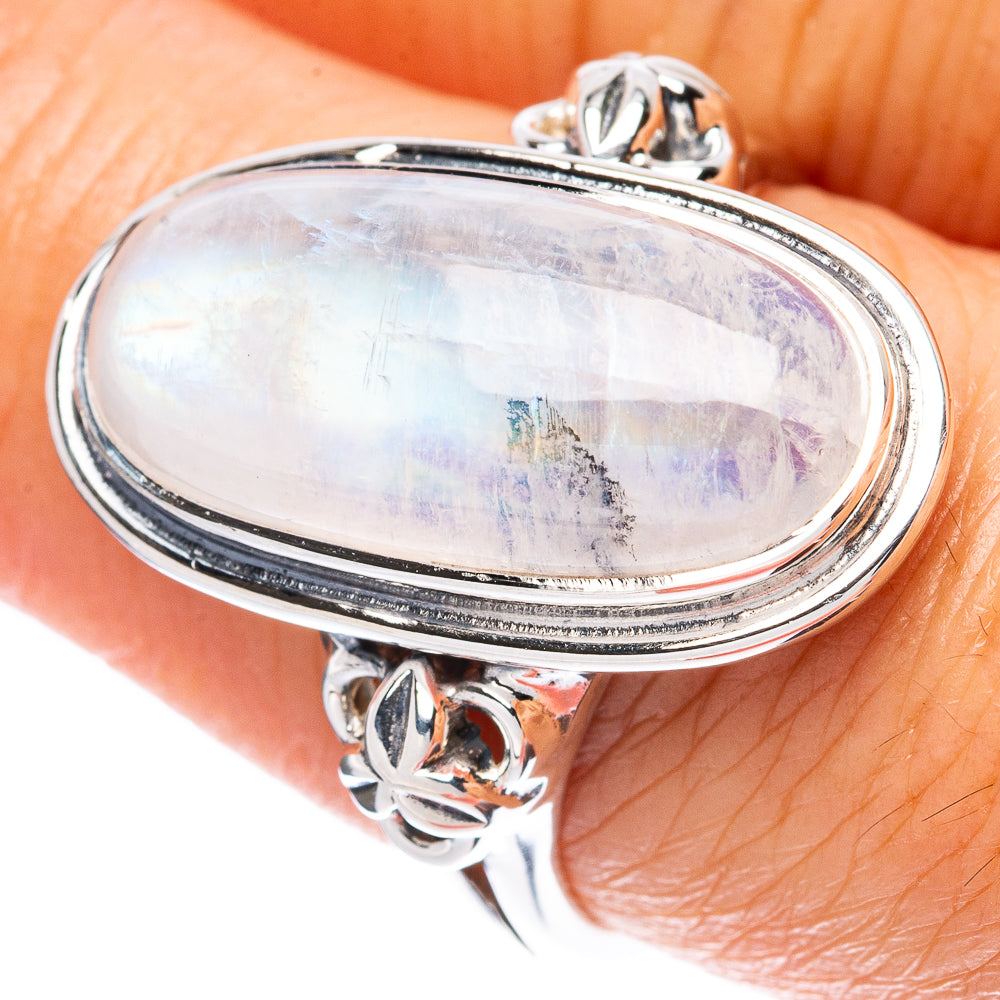 925 sterling silver oval moonstone ring with rainbow sheen and floral details