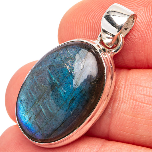Oval labradorite pendant in .925 sterling silver, blue flash stone in bezel