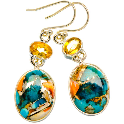 Spiny Oyster Turquoise, Citrine Earrings 1 5/8" (925 Sterling Silver) EARR432004