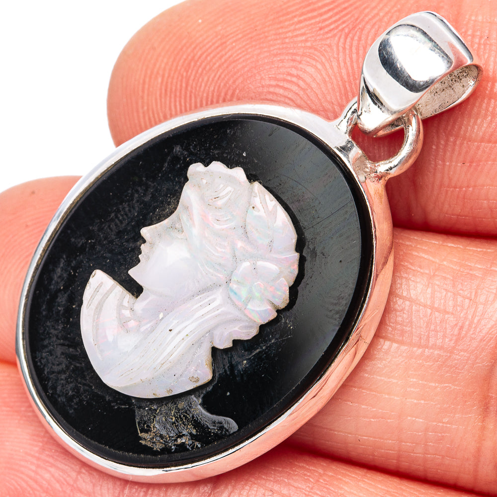 Oval 925 sterling silver cameo pendant, opal lady face in dark bezel with bail