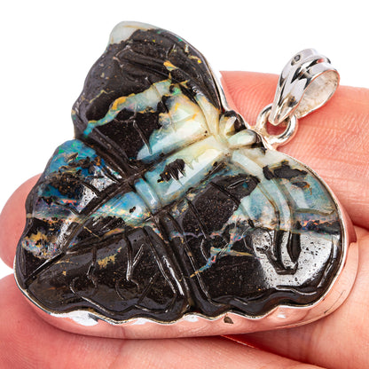 Sterling silver opal butterfly pendant with iridescent blue and yellow wings