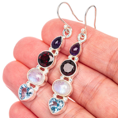 Rainbow Moonstone, Garnet, Amethyst, Blue Topaz Earrings 2" (925 Sterling Silver) E433108