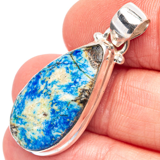 Sterling silver teardrop azurite pendant with open bezel and round bail