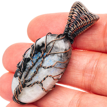 Rainbow Moonstone with Black Tourmaline Tree of Life Pendant 2" (Oxidized Copper)