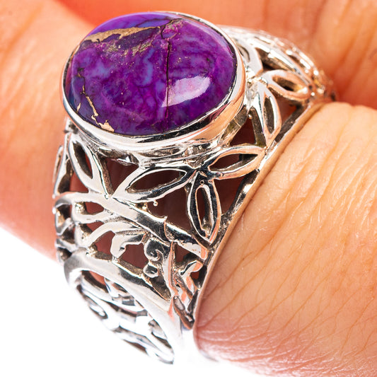 Purple oval cabochon sterling silver ring with ornate cutout filigree