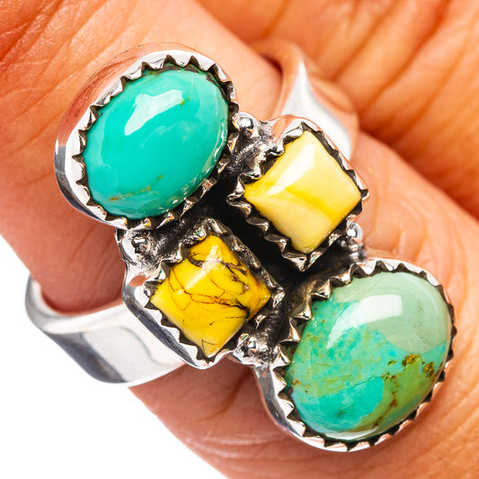 Silver ring with bezel-set turquoise and yellow stones, three-stone setting