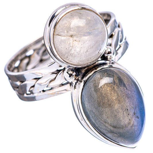 Sterling silver labradorite and moonstone ring with round rainbow moonstone and oval dark gem