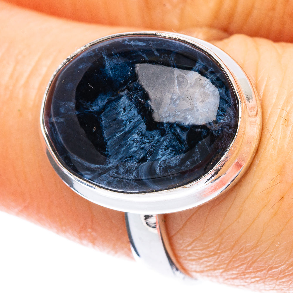 Sterling silver ring with oval blue pietersite cabochon set in bezel