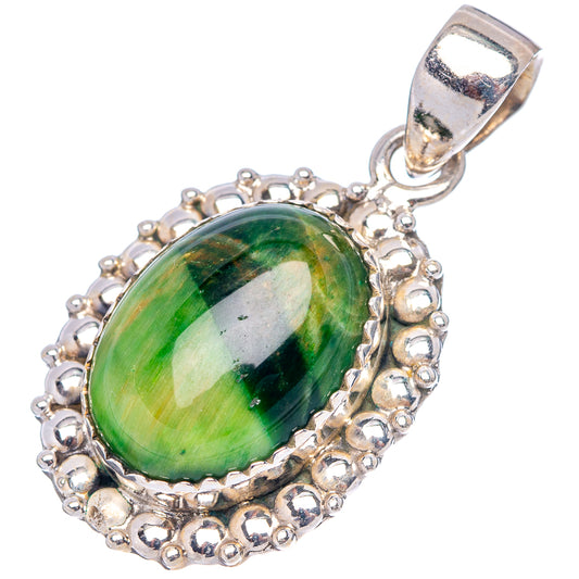 Sterling silver green cat's eye pendant, oval green stone in beaded border