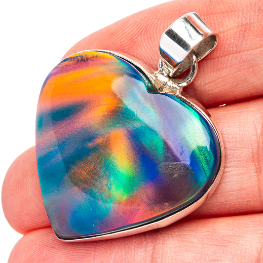 Sterling silver opal heart pendant with rainbow iridescent stone on bail