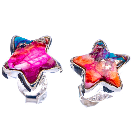 Star-shaped 925 sterling silver earrings with pink, blue, and orange stone inlay