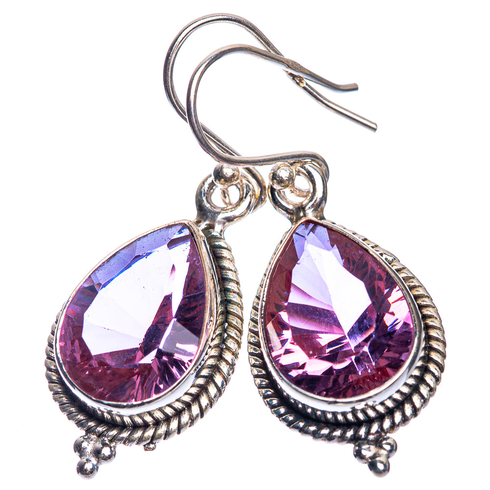 Faceted oval-teardrop earrings with purple-pink stones and textured 925 silver frames