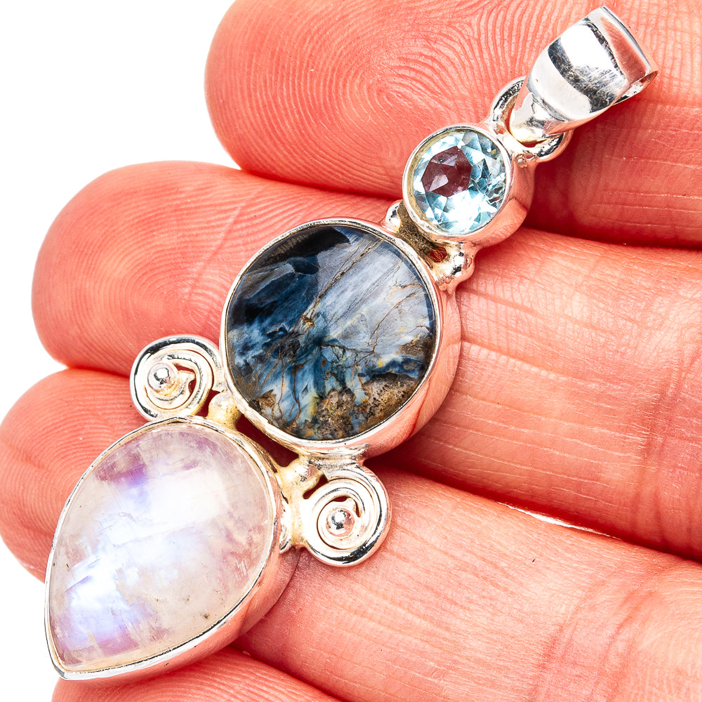 Premium Pietersite, Rainbow Moonstone, Blue Topaz Pendant 1 7/8" (.925 Sterling Silver)