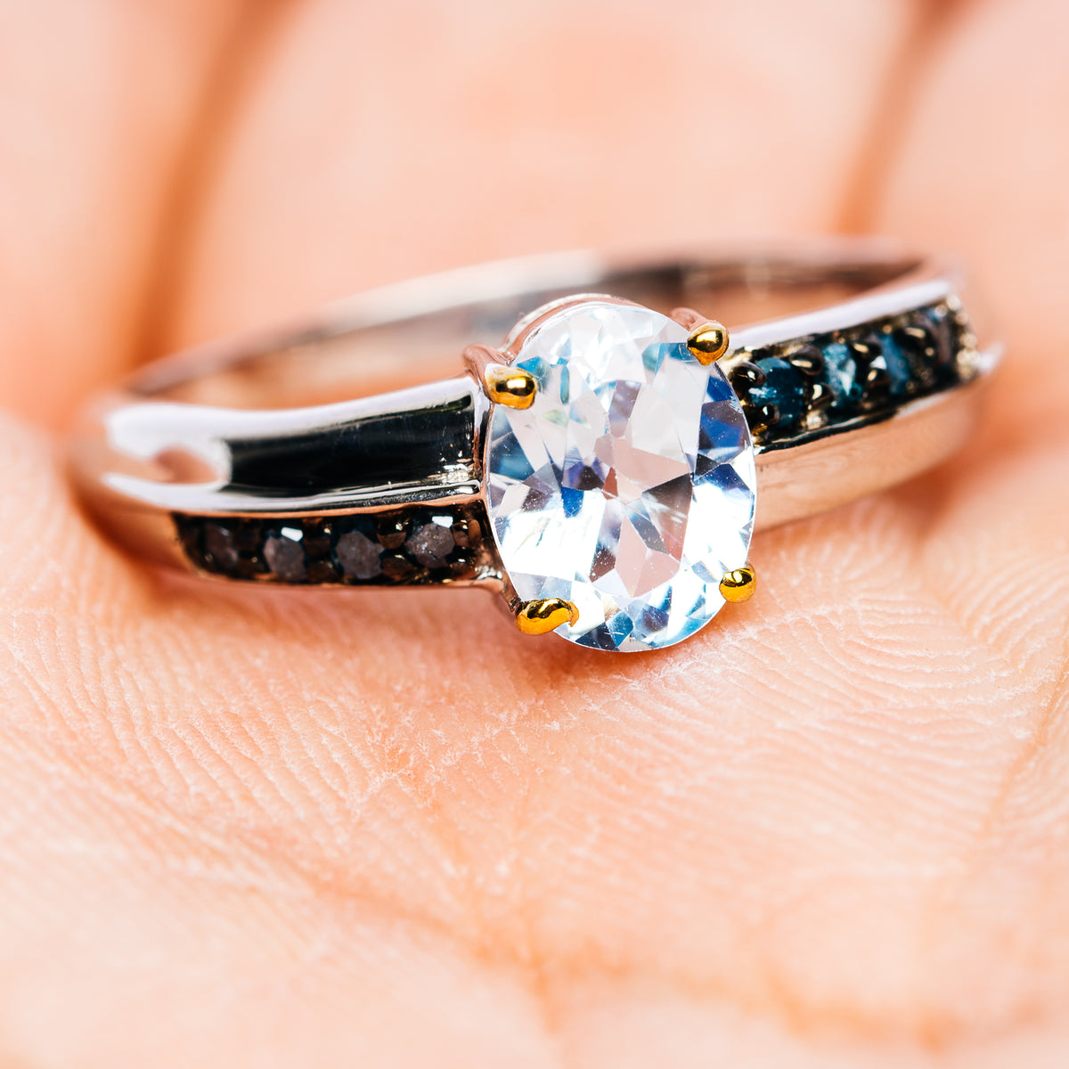 Blue Topaz, Blue Diamond Ring Size 8.75 (.925 Sterling Silver)