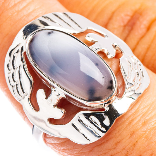 Oval gray-blue dendritic agate sterling silver ring with carved side detailing