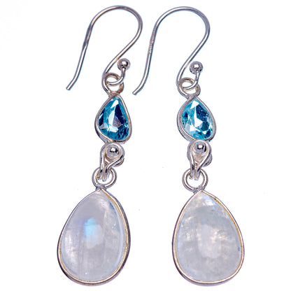 Rainbow Moonstone, Blue Topaz Earrings 1 3/4" (925 Sterling Silver) E433322