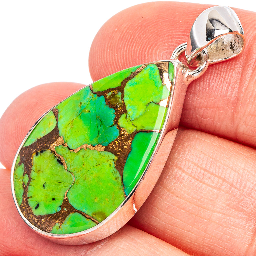 Oval green turquoise matrix pendant in 925 sterling silver bezel, with hinged bail