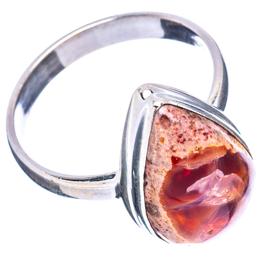 Sterling silver open band ring with oval fire opal, orange-red stone with pink flashes