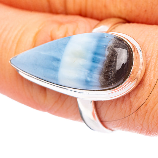 Sterling silver opal ring with teardrop blue opal set in smooth polished bezel