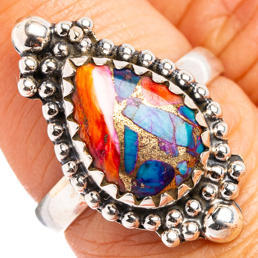 Dahlia Mohave turquoise ring with colorful inlay and sterling silver beaded frame