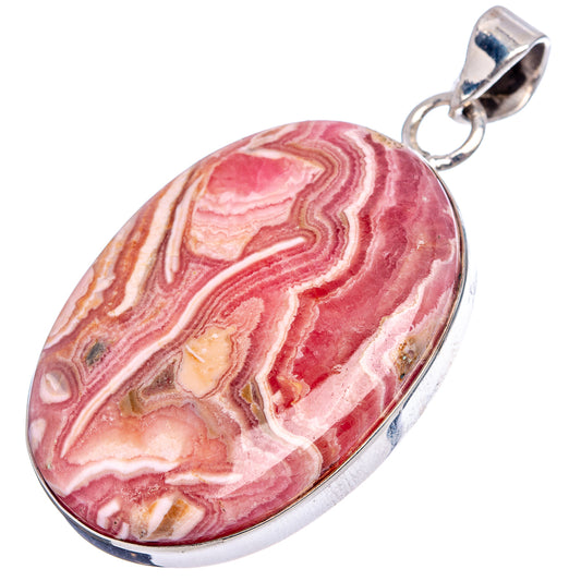 Oval rhodochrosite pendant with pink and cream banded pattern in .925 sterling silver setting