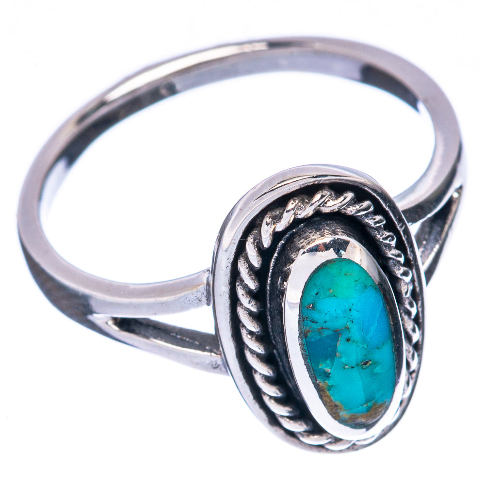 Turquoise oval cabochon sterling silver ring, detailed side setting, size 6.75