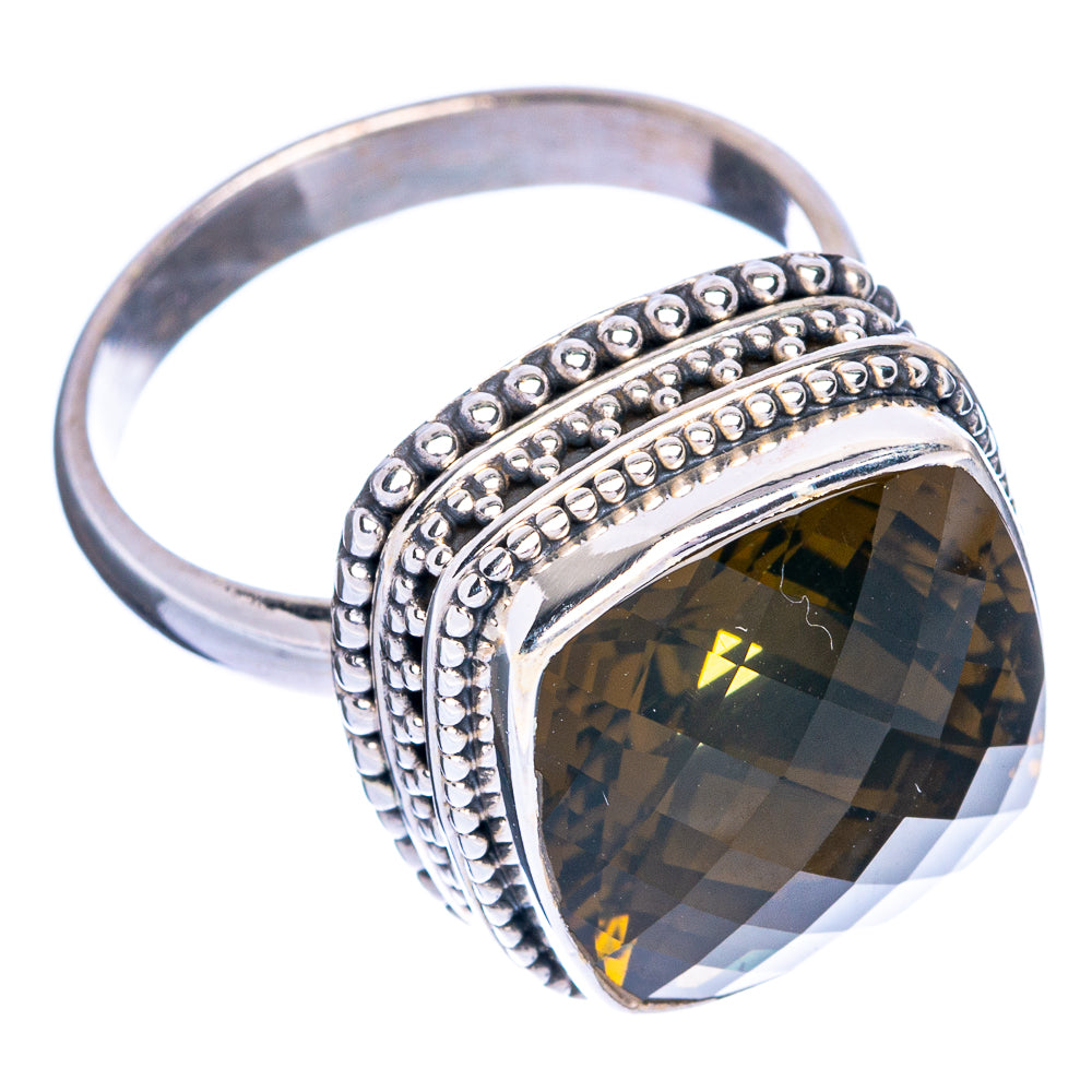 Sterling silver ring with dark oval smoky quartz and stacked beaded detailing, size 9