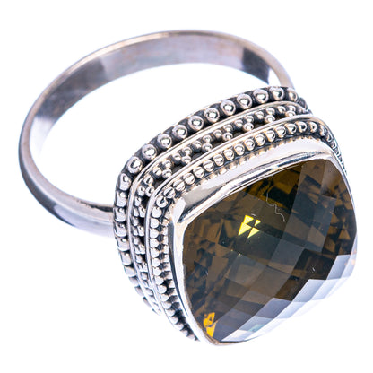 Sterling silver ring with dark oval smoky quartz and stacked beaded detailing, size 9
