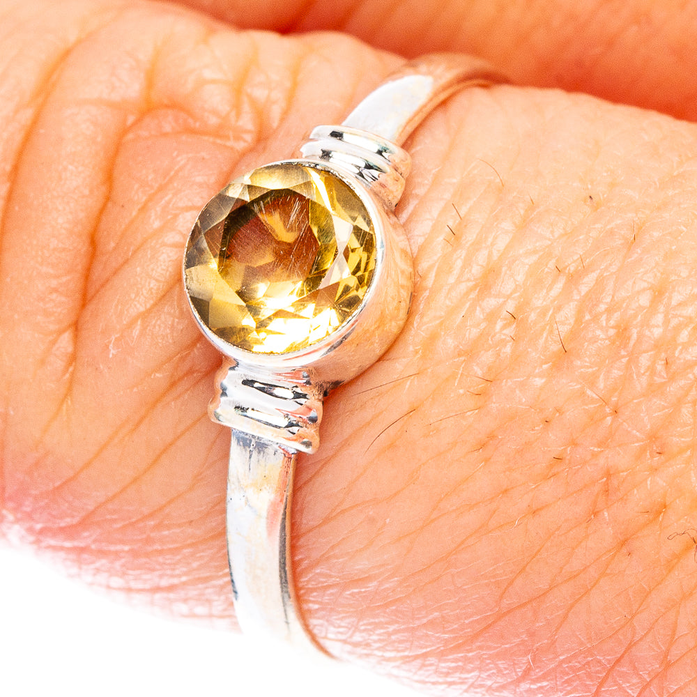 Citrine dainty sterling silver ring with faceted round yellow gemstone, openwork bands