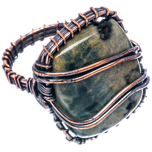 Oxidized copper wire-wrap ring with green ocean jasper oval stone, size 8