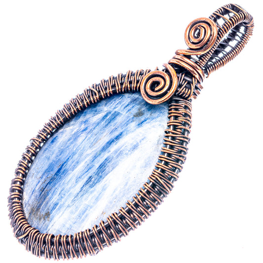 Oxidized copper wire-wrap kyanite pendant, oval blue stone with coiled spiral wire frame