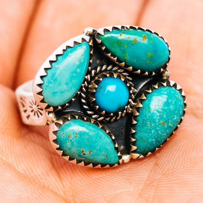 Turquoise inlay sterling silver statement ring with five oval stones and center round cabochon