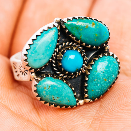 Turquoise inlay sterling silver statement ring with five oval stones and center round cabochon