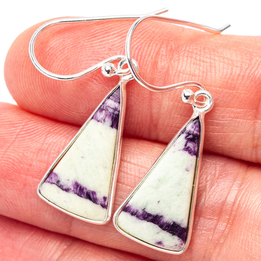 Sterling silver triangle gemstone drop earrings with purple and white stone detail